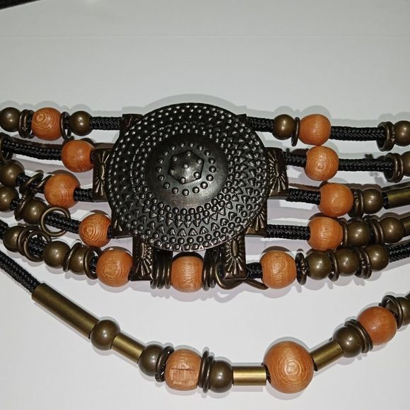 Vintage bohemian decorative belt with metal and wooden beads. Boho accessories. main image 7